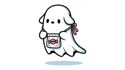 Ghost with candy: A cute ghost hovers gently, its translucent form carrying a charming bag filled with sweet treats, ready for delightful fun. A picture of simple fun and childlike wonder.