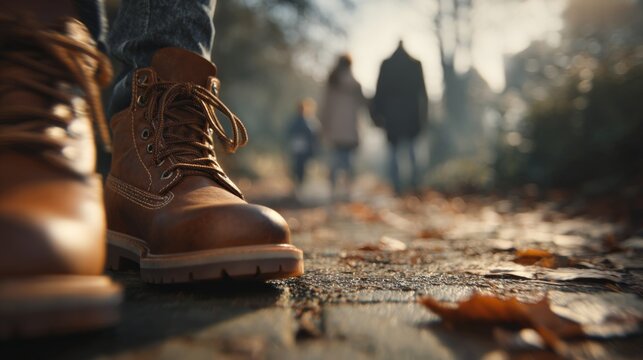 Close-up of sturdy brown hiking boots on a winding path, with blurred figures of a couple and children walking in the background. - Powered by Adobe