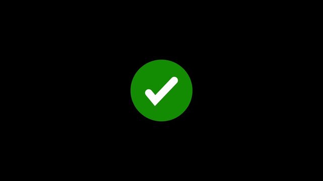 Animated reveal of a white checkmark icon in a green circle. Isolated on a black background. Green check mark, tick, yes, or OK symbol on green circle