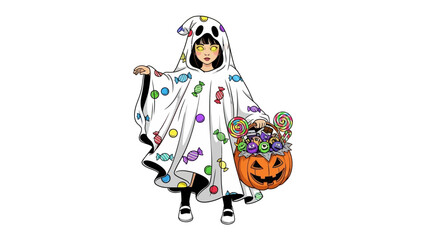 Ghostly Costume & Halloween Treats: A girl is in a cute ghost costume, carrying a vibrant Halloween pumpkin basket, and embodying the playful spirit of the holiday.