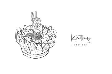 An illustration of the Krathong image, the symbolic of the Loy Krathong festival, which is a unique tradition of Thailand, with wording  'Krathong' and 'Thailand'.
