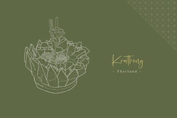 An illustration of the Krathong image, the symbolic of the Loy Krathong festival, which is a unique tradition of Thailand, with wording  'Krathong' and 'Thailand' on a green background.