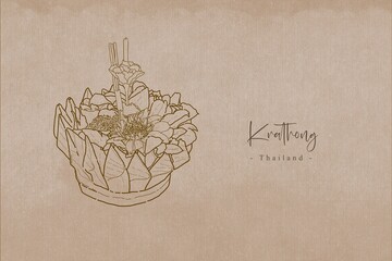 An illustration of the Krathong image, the symbolic of the Loy Krathong festival, which is a unique tradition of Thailand, with wording  'Krathong' and 'Thailand' on an old paper.