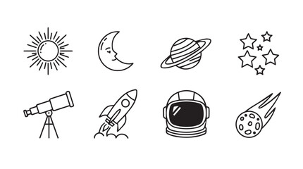 Hand-drawn space icons collection featuring sun moon rocket astronaut helmet stars comet planets vector © MstMili