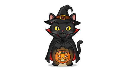 Mystical Feline in Costume: A captivating illustration of a black cat adorned in a whimsical witch costume, holding a glowing carved pumpkin.