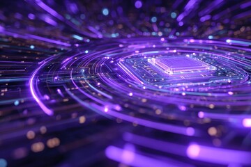 Futuristic glowing processor with data flow visualization in vibrant purple hues