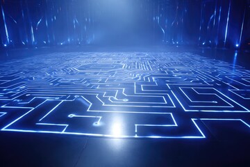 Futuristic illuminated circuit board design, blue glow, low perspective, digital technology