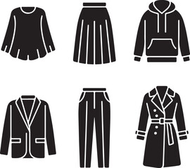 Black Silhouettes of Six Clothing Items fashion apparel