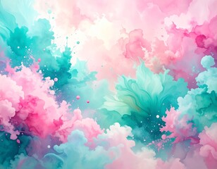 Hyper-detailed watercolor splash texture in pastel pink and aqua, artistic abstract 