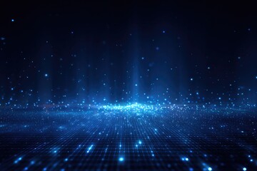 Abstract blue image with glowing dots, resembling a digital grid and beams of light