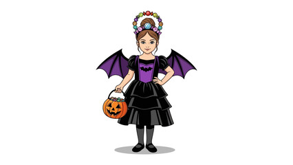 Halloween Girl: A young girl in a unique costume ready for a festive and playful Halloween season, radiating charm and excitement with her Halloween-themed ensemble.