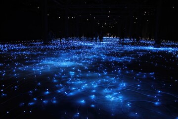 A dark interior scene with numerous glowing blue lights on the floor and figures in the distance