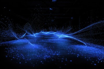 Blue glowing particles swirl across a dark space creating a futuristic, abstract art piece