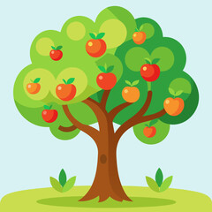 Vibrant summer fruit tree illustration featuring lush green foliage and small ripe apples perfect for harvest and nature themes