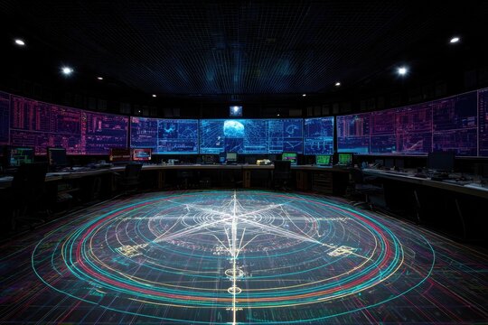 Large control room with many monitors, desks, a patterned floor, and overhead lighting