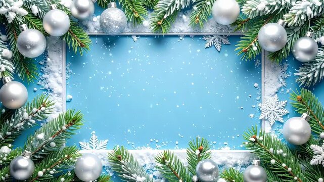 Sparkling silver ornaments and snow-covered pine branches dance on light blue