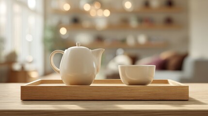 Fototapeta premium A serene setting featuring a white teapot and cup on a wooden tray, evoking a sense of calm and relaxation.
