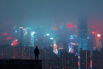 A lone figure stands atop a structure, gazing at a sprawling metropolis shrouded in mist