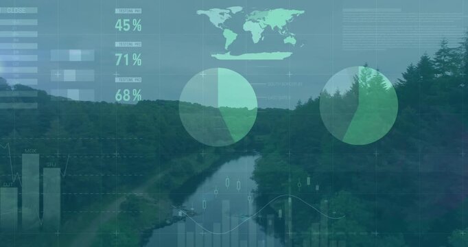 At 1 second fading data table appearing above forest river with charts animating for visualization