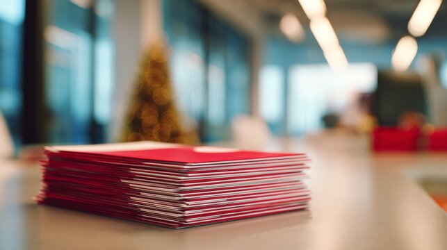 A stack of red envelopes on a modern office desk, creating a festive atmosphere amidst soft, blurred holiday decorations.