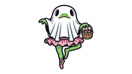 Spooky Ballerina: A charming and unique cartoon of a spectral dancer holding basket, a ghostly ballerina taking center stage, blending cuteness and the supernatural with a playful artistic style.