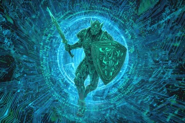 A futuristic knight with glowing armor stands within a circuit board portal, holding sword and shield
