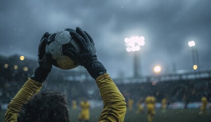 Goalkeeper catches soccer ball during a rainy night game under stadium lights.