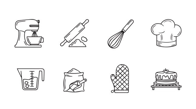 Collection of hand drawn baking icons representing kitchen tools and ingredients for culinary creation vector