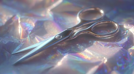 A pair of sleek silver scissors resting on iridescent crumpled foil, reflecting vibrant hues.