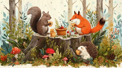 Whimsical woodland animals in a Thanksgiving feast 