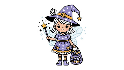 Enchanting Young Witch's Halloween: A cartoon illustration captures the joy of a young witch, clad in purple, with a magical wand, ready for trick-or-treat, perfect for Halloween.