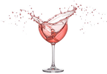 Rose wine splashing in a glass isolated on white, refreshing alcoholic beverage for celebrations and special occasions