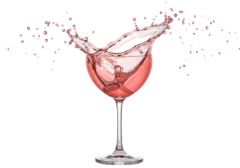 Rose wine splashing in a glass isolated on white, refreshing alcoholic beverage for celebrations and special occasions
