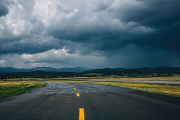Fototapeta premium Empty Asphalt Road Beneath Dark Storm Clouds with Green Field and Distant Mountains