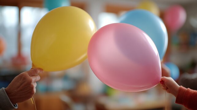 A joyful moment of celebration with a child holding a pink balloon and an adult holding a yellow balloon, showcasing happiness and togetherness.