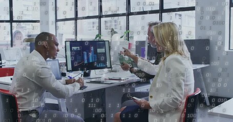 Team analyzing finance chart, woman pointing phone and peer raising calculator generating overlay - Powered by Adobe