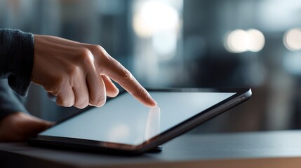 A close-up of a hand elegantly tapping on a tablet screen, showcasing a modern and sleek device in a professional setting.
