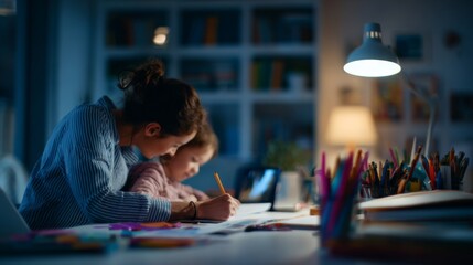 A focused woman and young girl engaged in arts and crafts at a cozy desk, illuminated by warm lamp light at night.