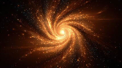 Golden cosmic swirl, radiant energy core amid dark space, glowing particles