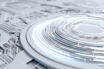 Abstract close-up of a circular technological design with glowing, spiraling light elements