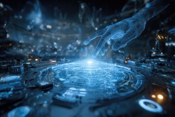 Digitized hand reaching towards a glowing, circular platform within a futuristic, tech-based city
