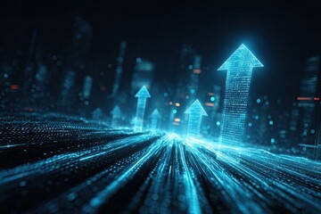 Futuristic image of rising arrows superimposed over a cityscape at night