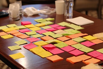 Close-up of colorful sticky notes arranged on a wooden table, suggesting a meeting or brainstorming session
