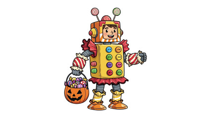Robot Costume Celebration: An adorable child in a handcrafted robot costume holds a pumpkin bucket, anticipating a fun-filled Halloween.