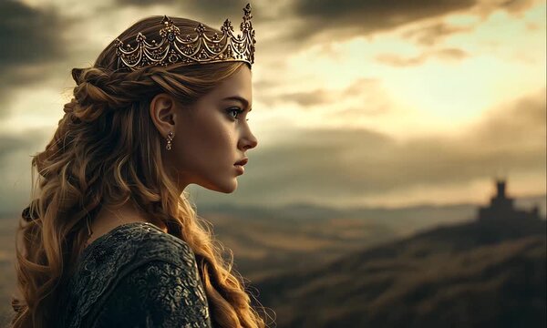 Cinematic Scene of Queen Esther with a Crown in the Desert. Representing of Royalty, Leadership, and Devotion