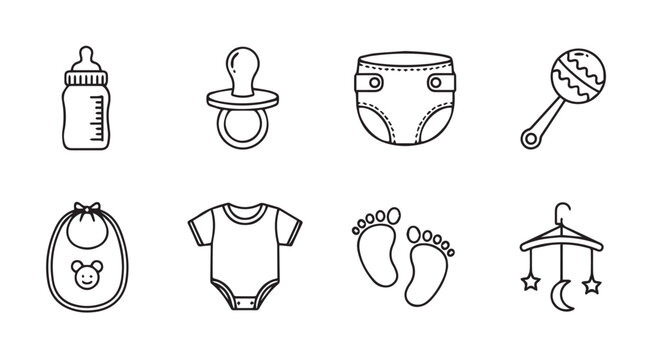 Hand drawn baby essentials collection featuring bottle pacifier diaper rattle bodysuit bib and mobile vector