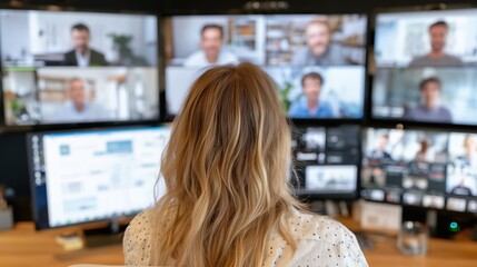 A woman with long blonde hair sits in front of multiple computer monitors displaying video calls with diverse men. The scene represents remote work and virtual meetings.