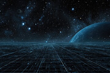 A digital landscape blends into a cosmic scene, featuring planets, stars, and a grid
