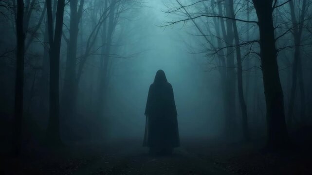 The dark forest at night, covered with a mystical fog, helloween, scary ghost, zombie