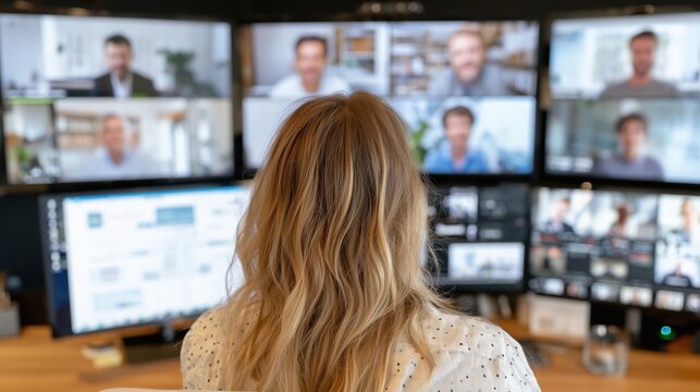 A woman with long blonde hair sits in front of multiple computer monitors displaying video calls with diverse men. The scene represents remote work and virtual meetings.